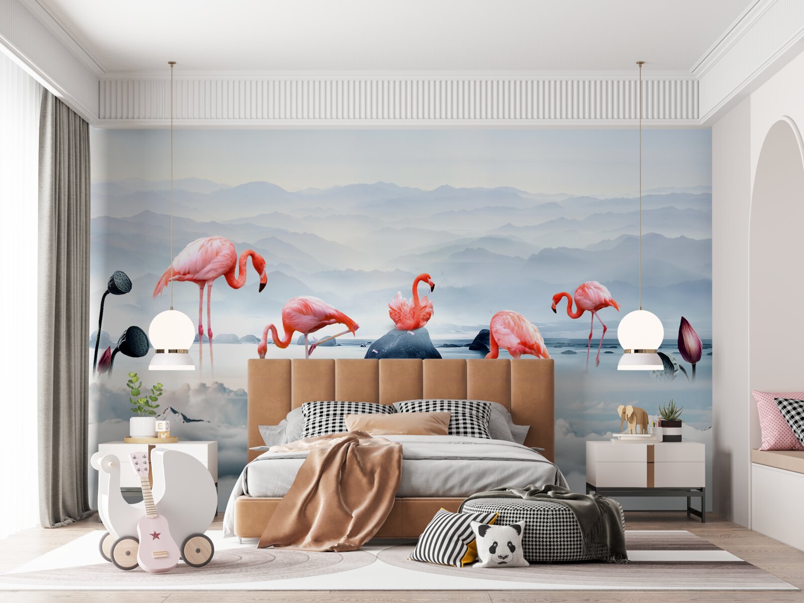 Fototapet flamingo roz printre nori