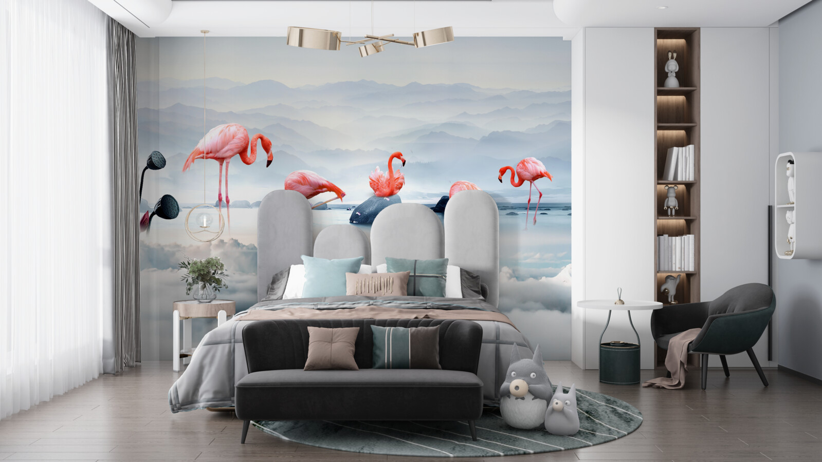 Fototapet flamingo roz printre nori
