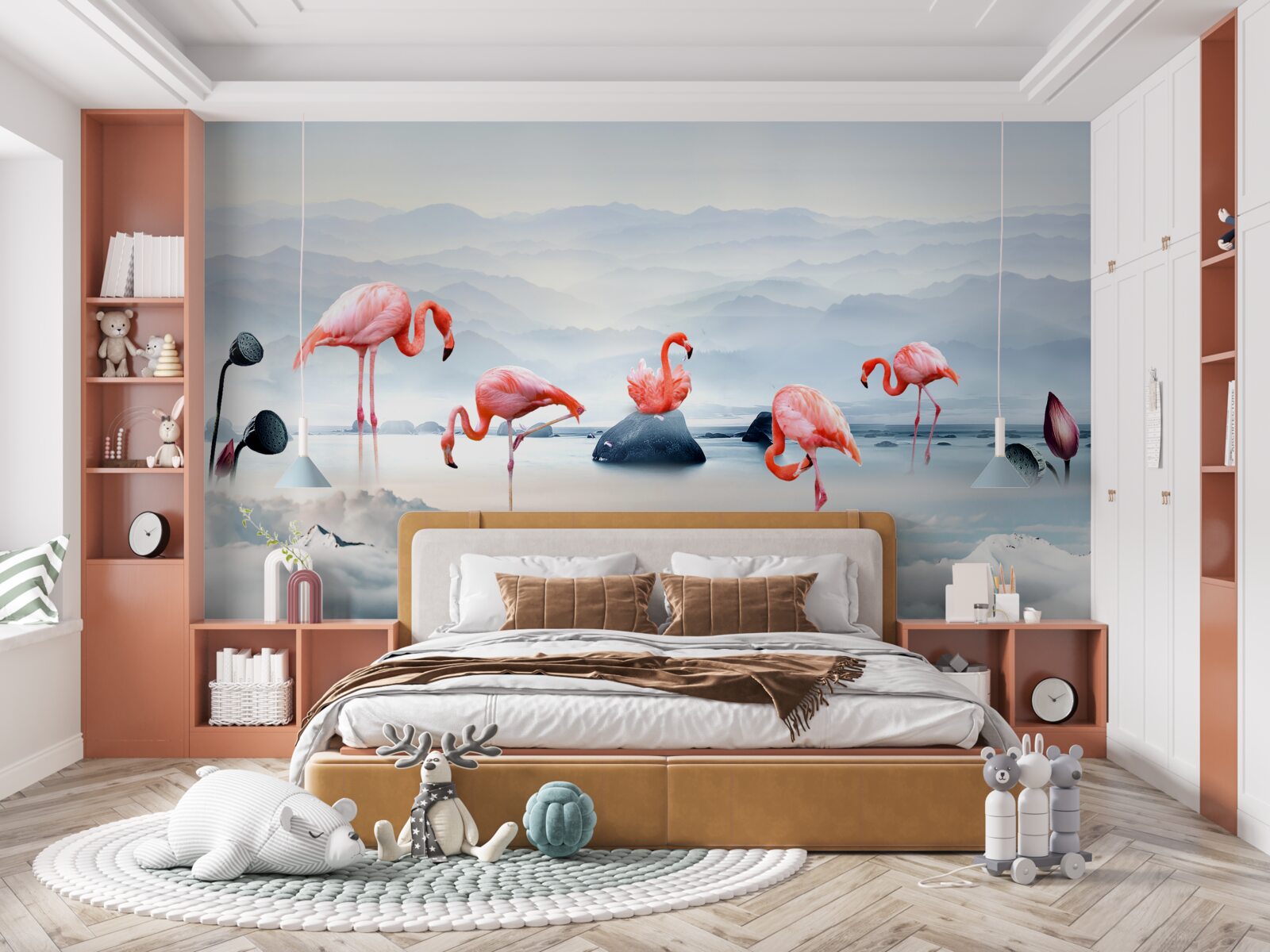 Fototapet flamingo roz printre nori