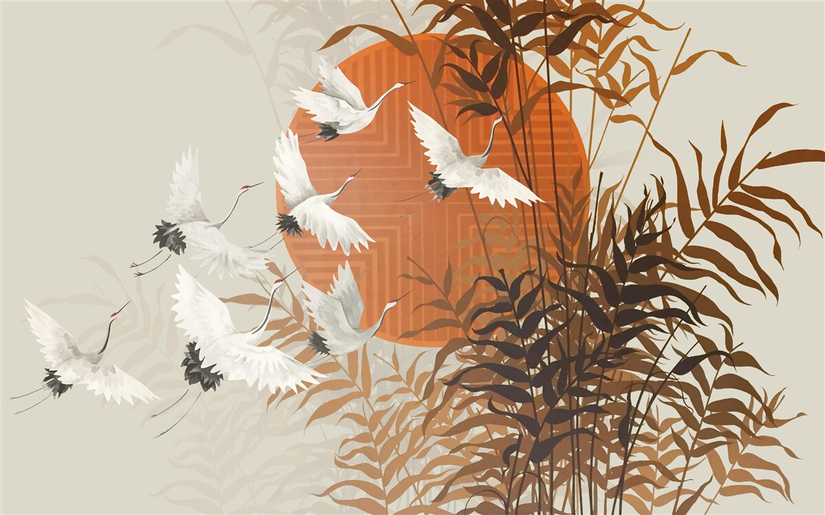 Fototapet apusul de soare este însoțit de un zbor colorat de cocori