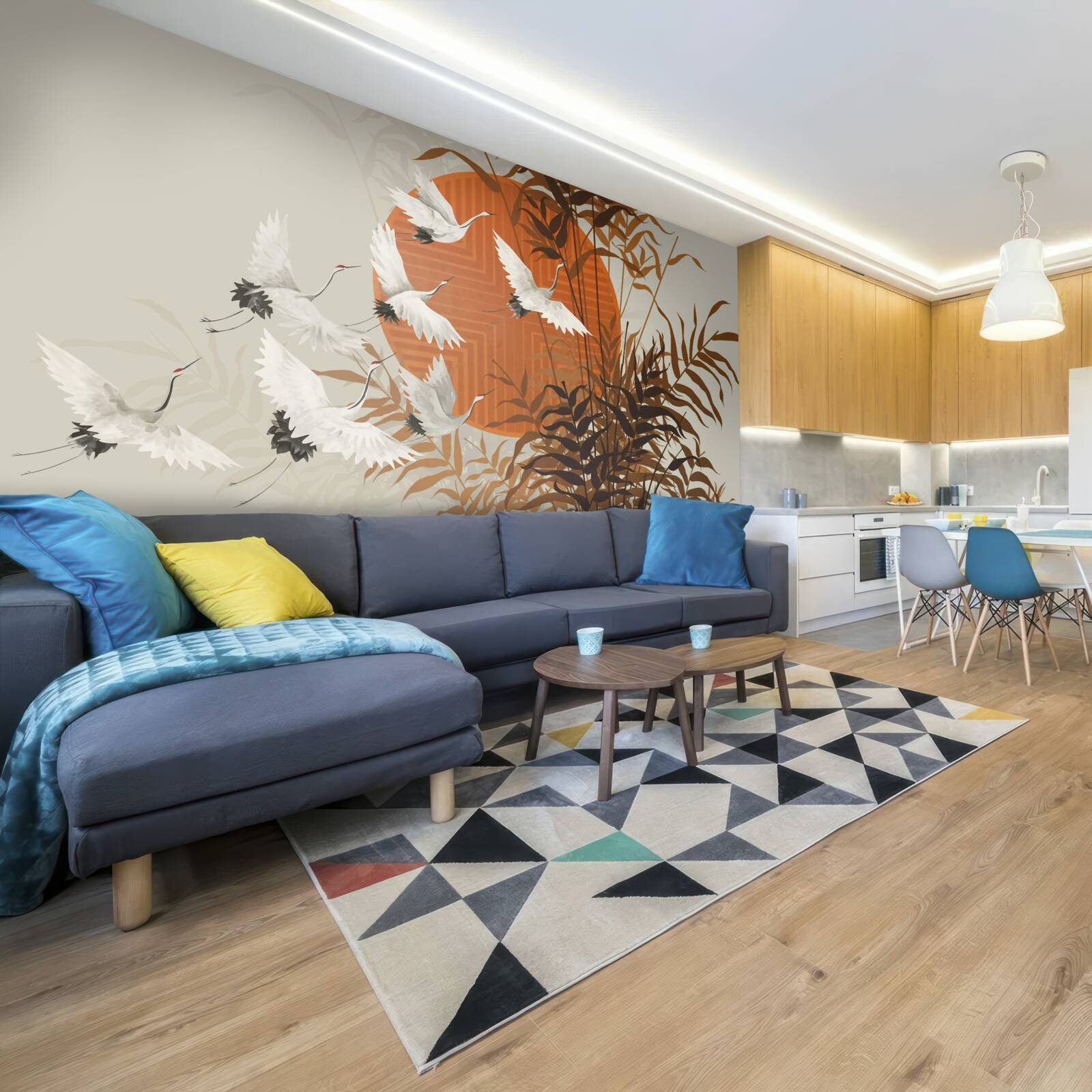 Fototapet apusul de soare este însoțit de un zbor colorat de cocori