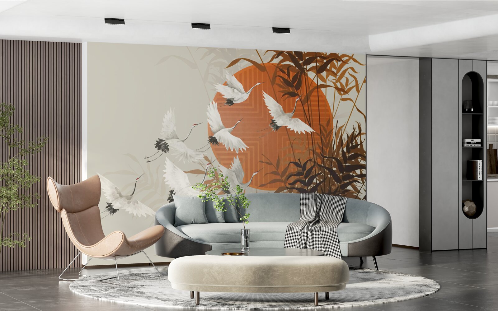 Fototapet apusul de soare este însoțit de un zbor colorat de cocori