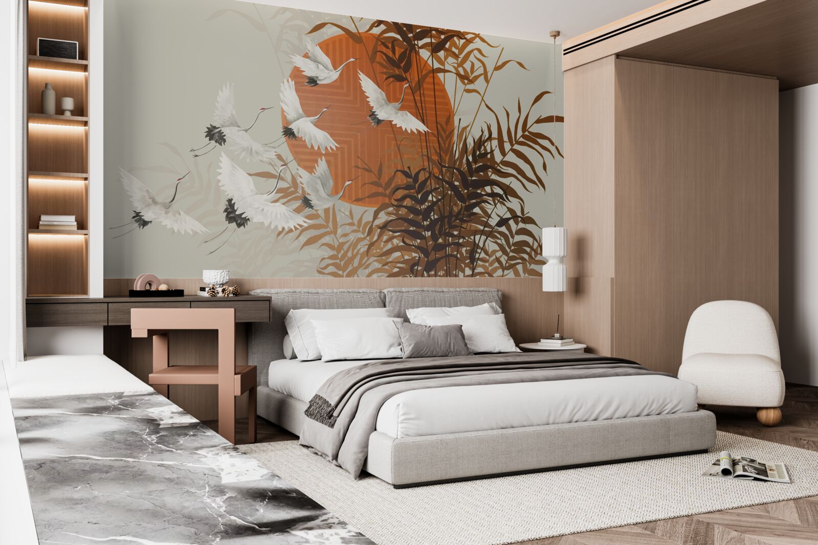 Fototapet apusul de soare este însoțit de un zbor colorat de cocori