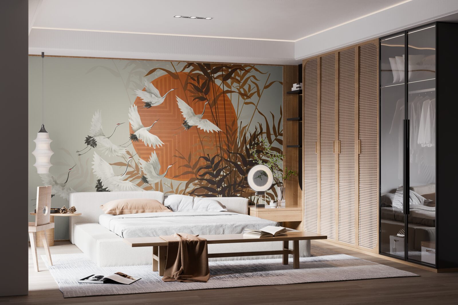 Fototapet apusul de soare este însoțit de un zbor colorat de cocori