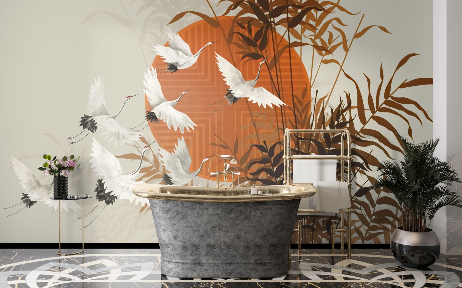 Fototapet apusul de soare este însoțit de un zbor colorat de cocori