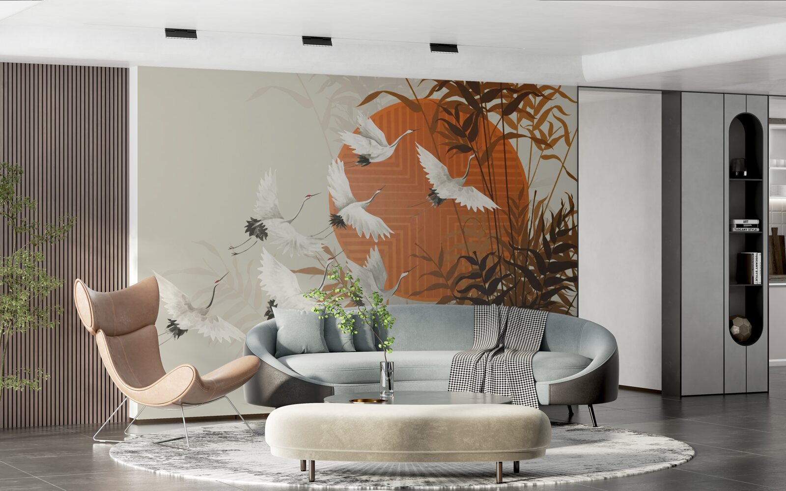 Fototapet apusul de soare este însoțit de un zbor colorat de cocori