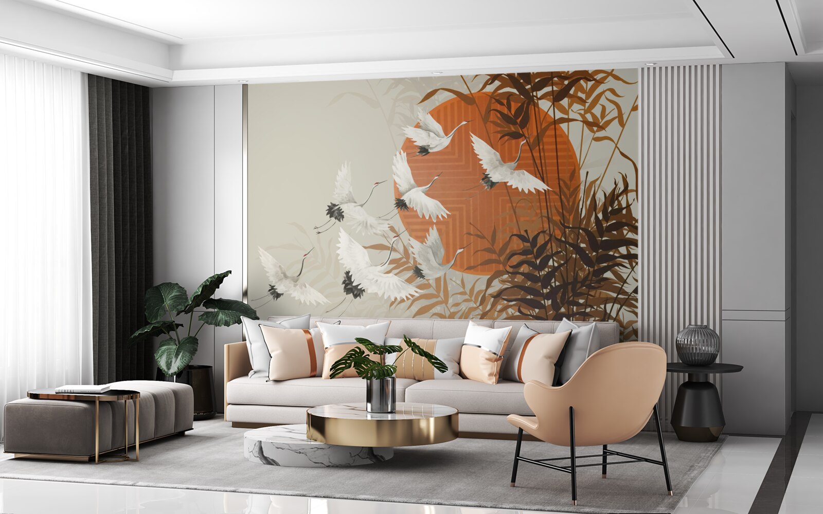 Fototapet apusul de soare este însoțit de un zbor colorat de cocori