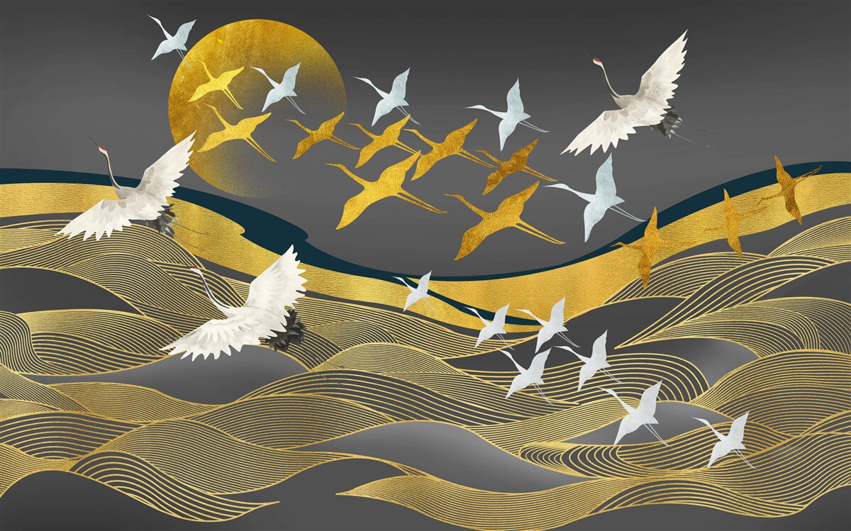 Fototapet un grup de păsări se îndreaptă spre lumina trecătoare a zilei deasupra unei zone de mare uimitoare