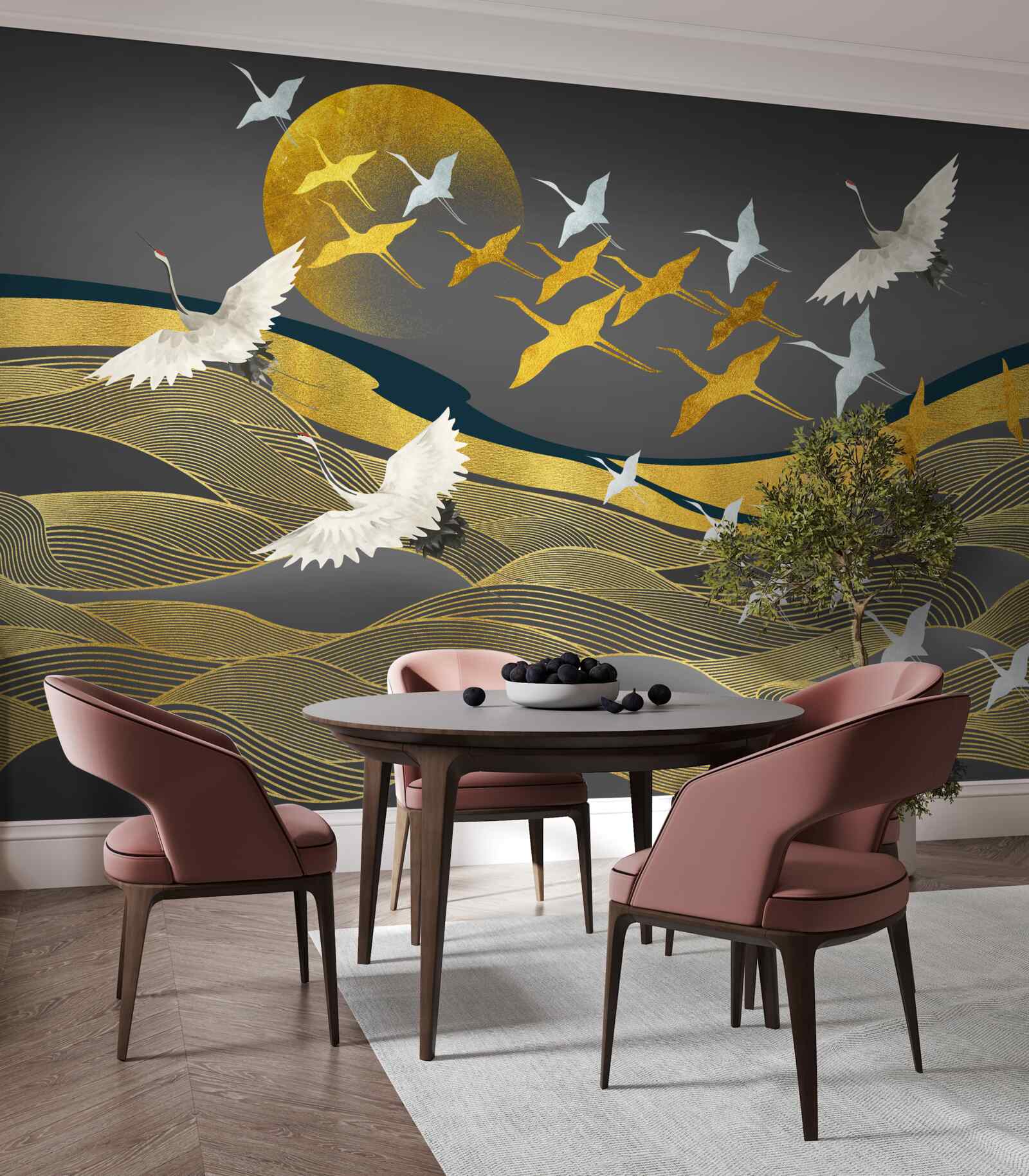 Fototapet un grup de păsări se îndreaptă spre lumina trecătoare a zilei deasupra unei zone de mare uimitoare