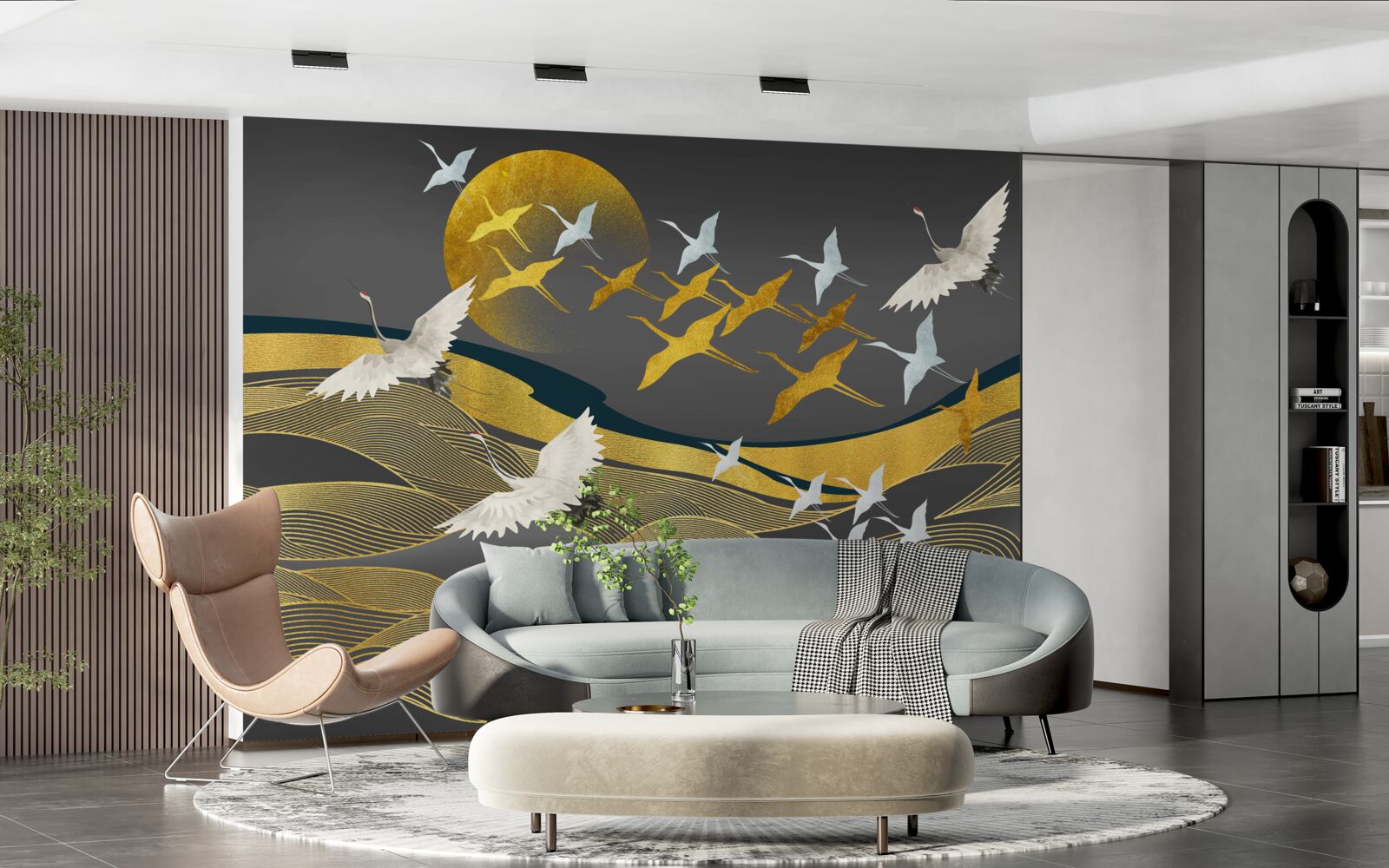 Fototapet un grup de păsări se îndreaptă spre lumina trecătoare a zilei deasupra unei zone de mare uimitoare