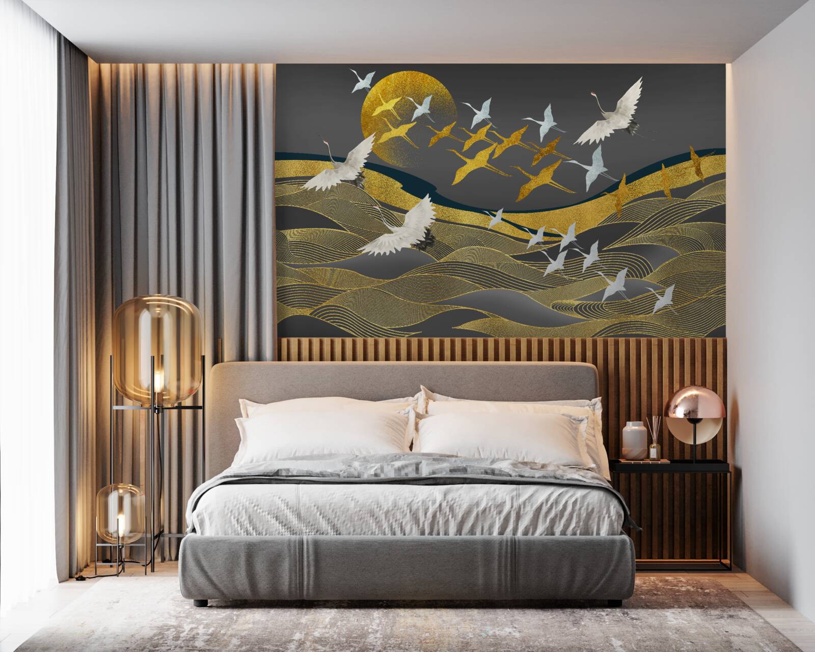 Fototapet un grup de păsări se îndreaptă spre lumina trecătoare a zilei deasupra unei zone de mare uimitoare