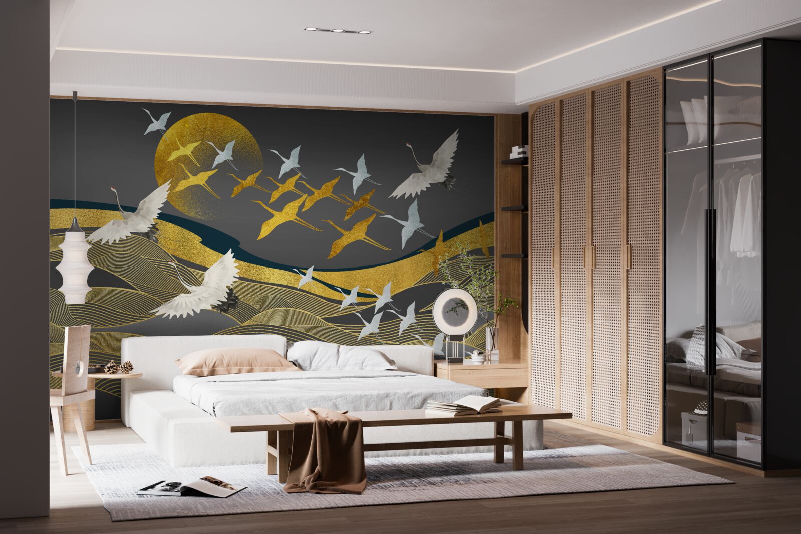 Fototapet un grup de păsări se îndreaptă spre lumina trecătoare a zilei deasupra unei zone de mare uimitoare