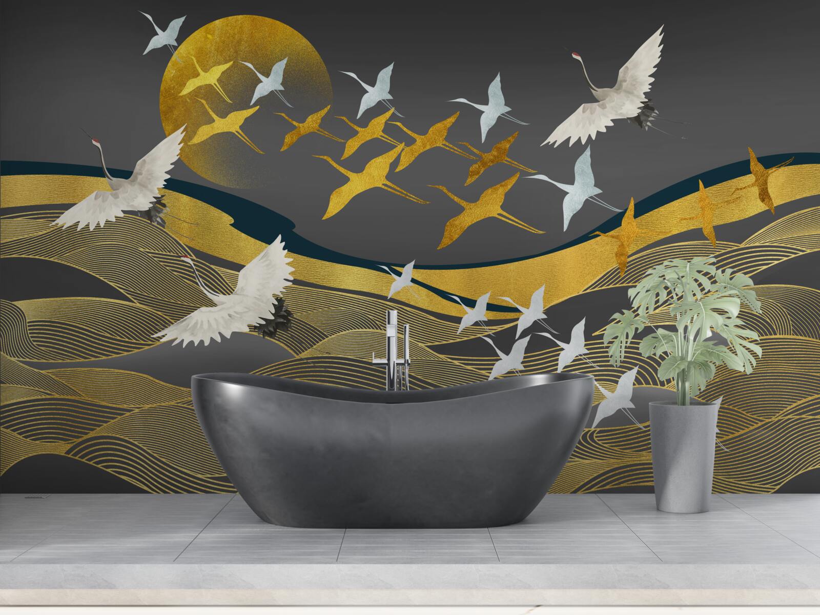 Fototapet un grup de păsări se îndreaptă spre lumina trecătoare a zilei deasupra unei zone de mare uimitoare