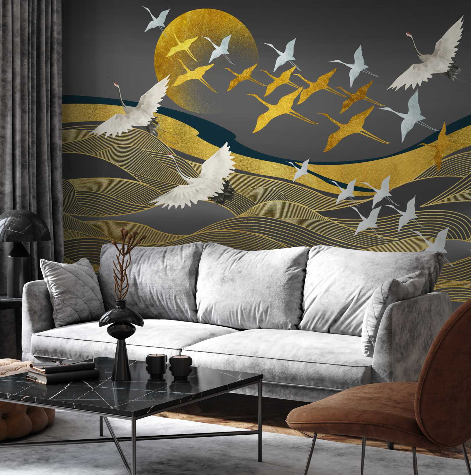 Fototapet un grup de păsări se îndreaptă spre lumina trecătoare a zilei deasupra unei zone de mare uimitoare