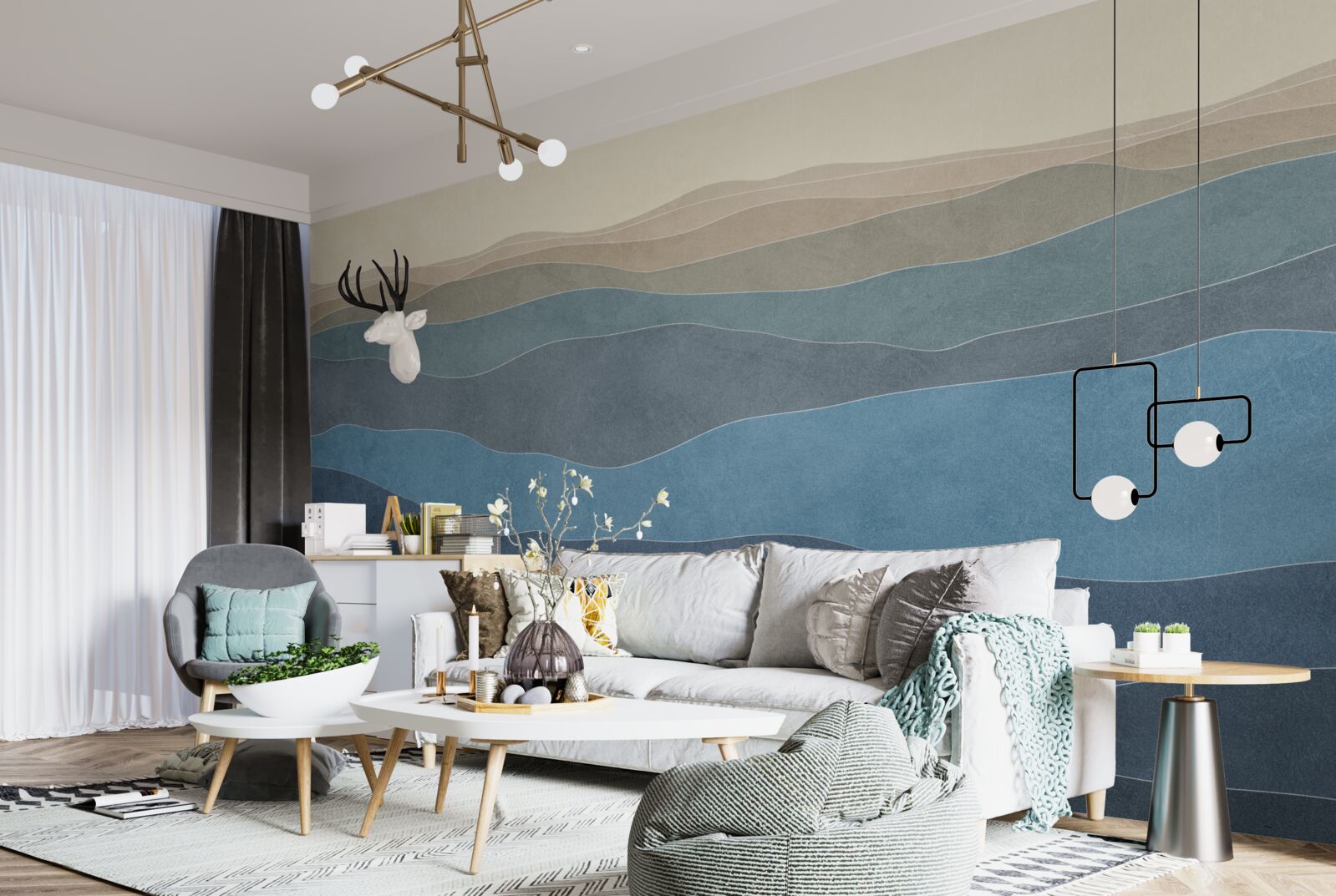 Fototapet la răsărit dealuri multicolore și avioane