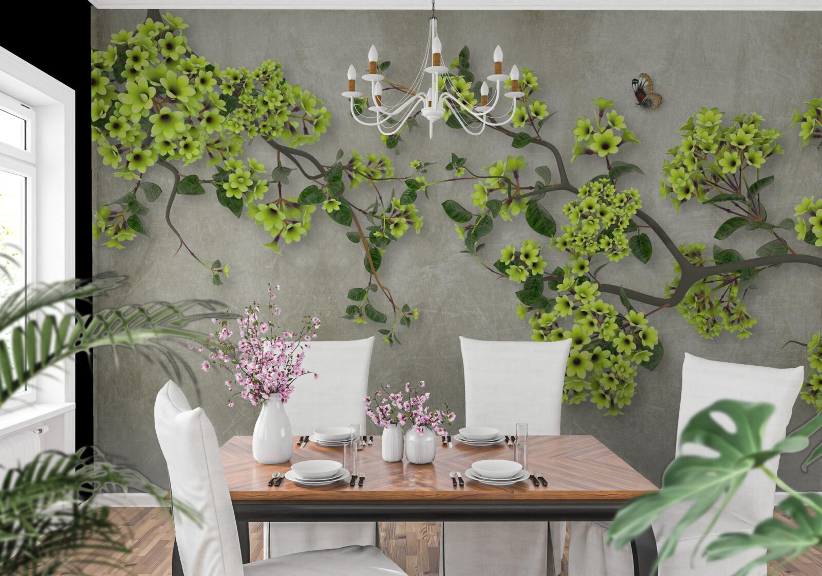 Fototapet ramură de magnolie presărată cu muguri verzi luxurianți