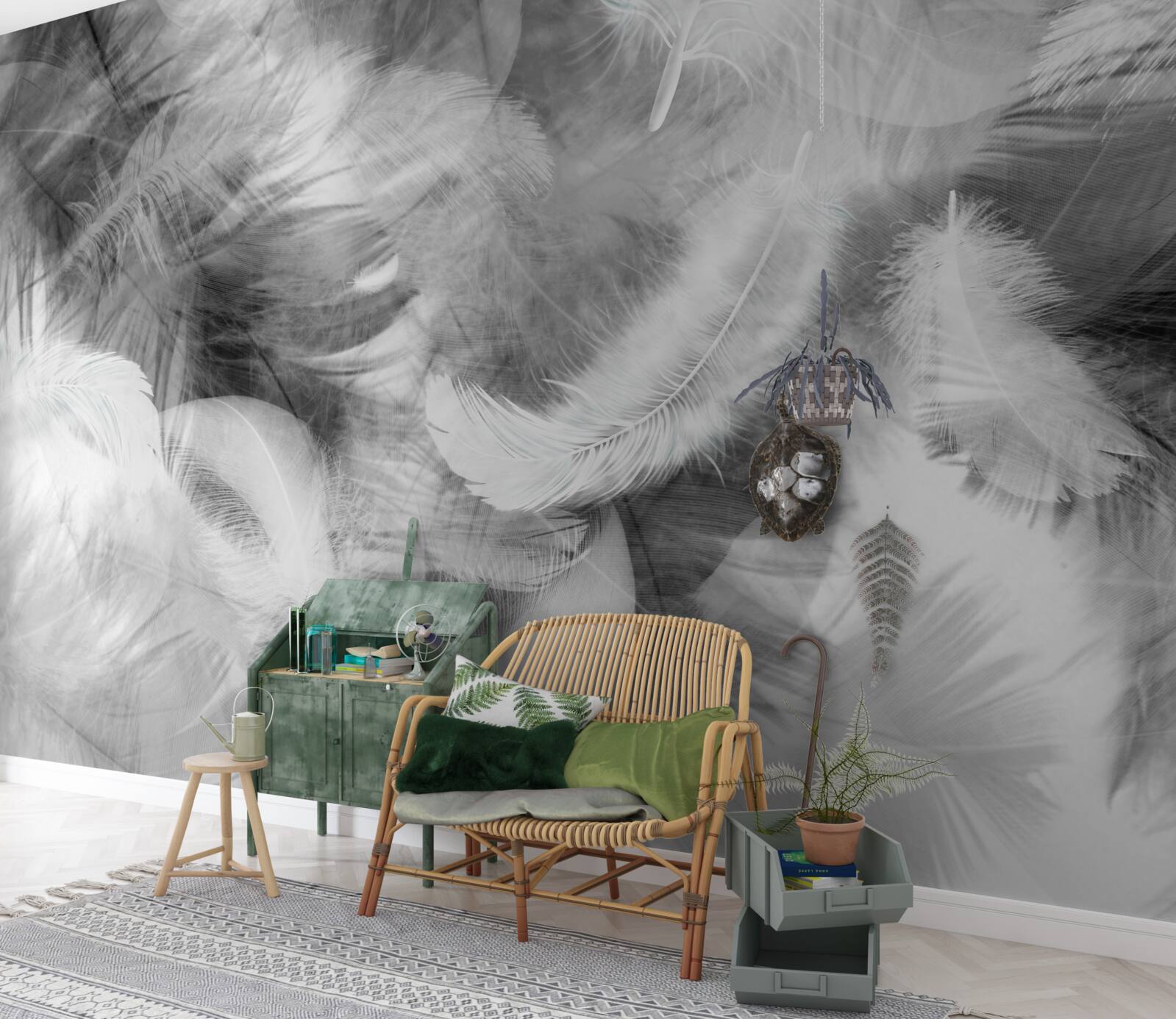 Fototapet pene albe și negre plutesc în aer