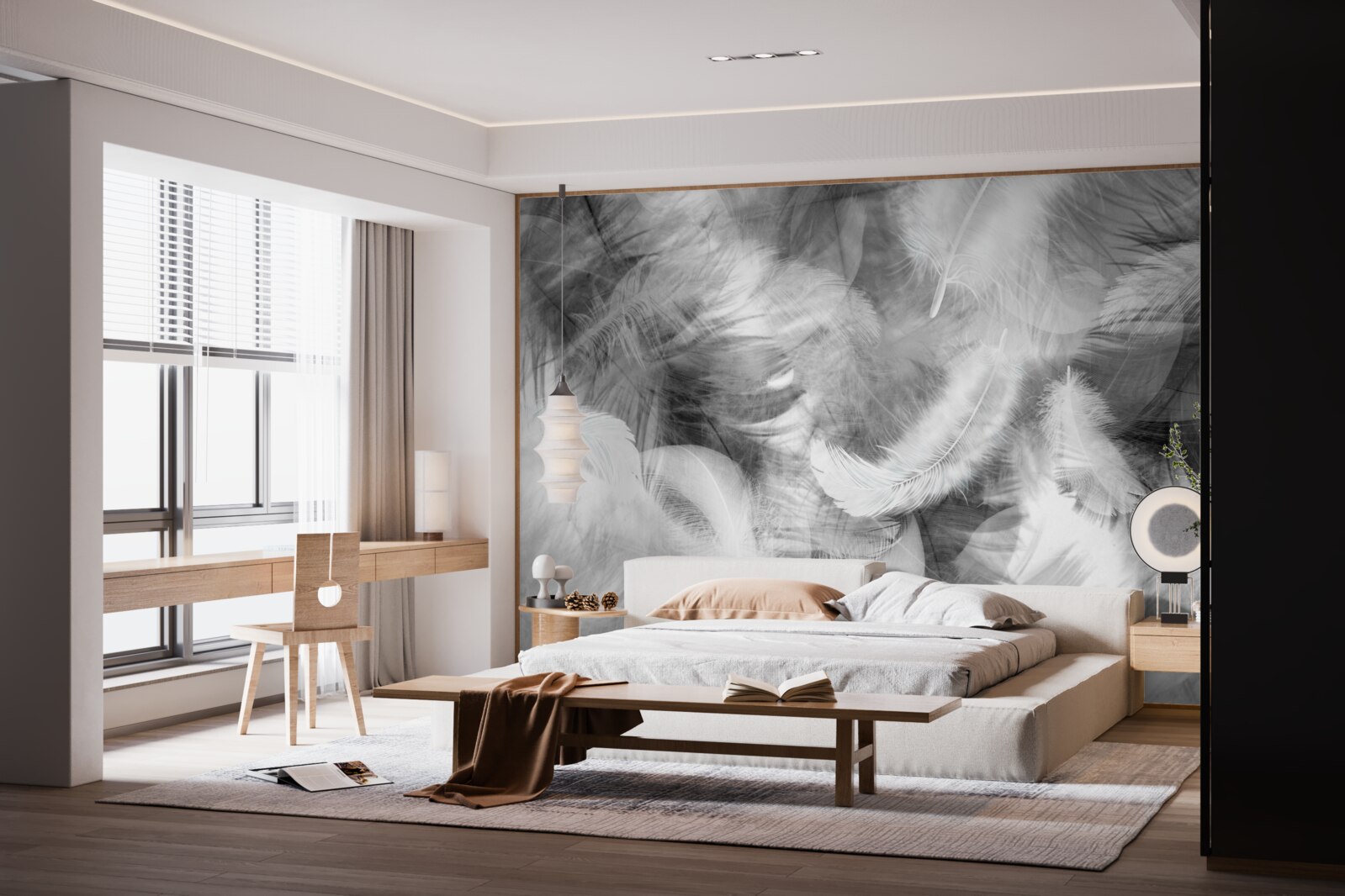 Fototapet pene albe și negre plutesc în aer