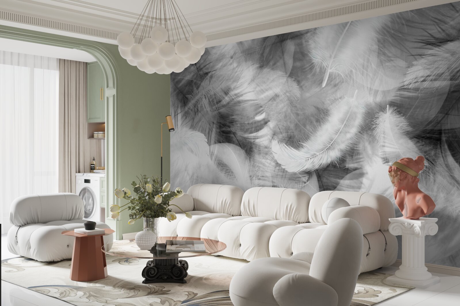 Fototapet pene albe și negre plutesc în aer