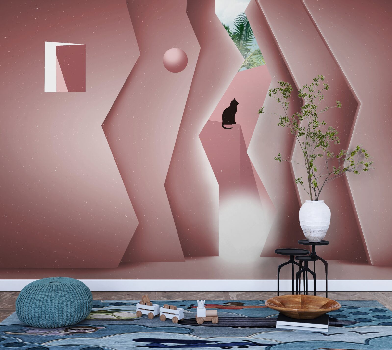 Fototapet tunel realizat în stil abstract și pictat în nuanțe de roz