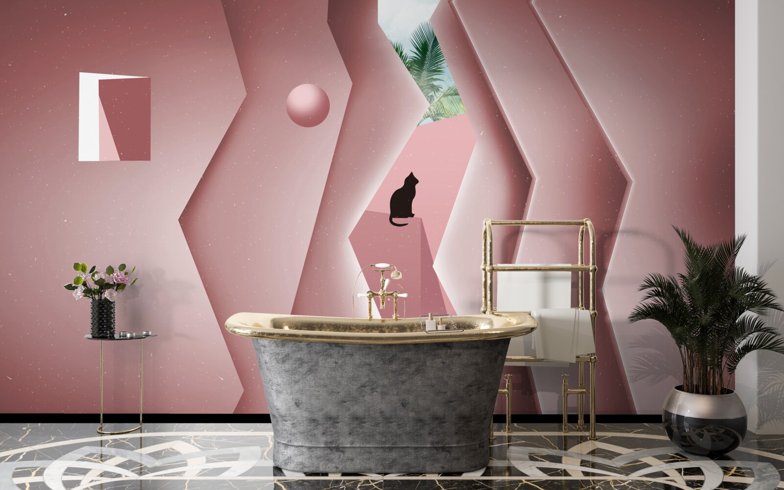 Fototapet tunel realizat în stil abstract și pictat în nuanțe de roz