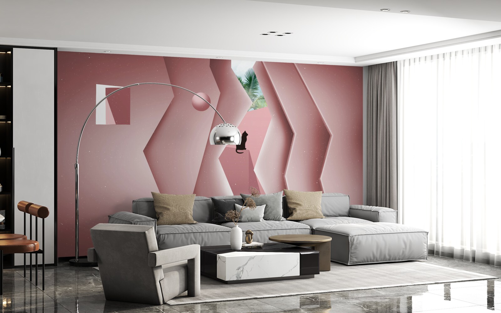 Fototapet tunel realizat în stil abstract și pictat în nuanțe de roz