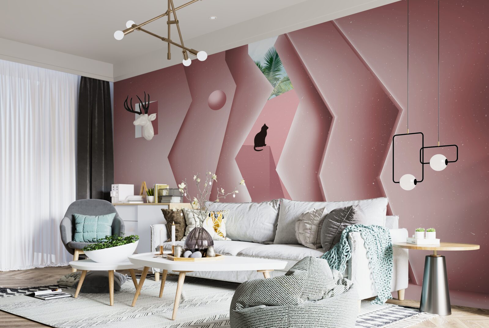 Fototapet tunel realizat în stil abstract și pictat în nuanțe de roz