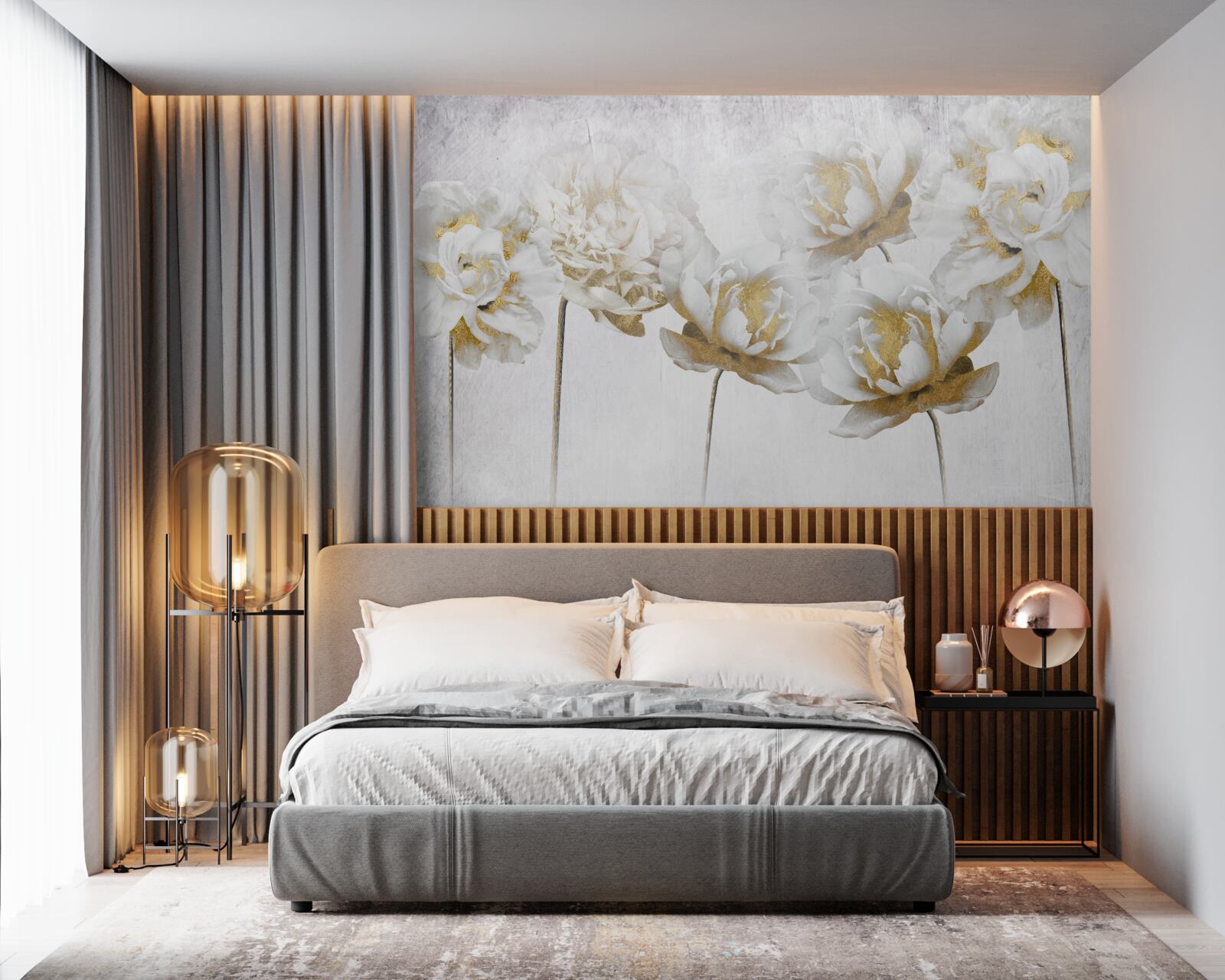 Fototapet plante elegante din aur și mătase