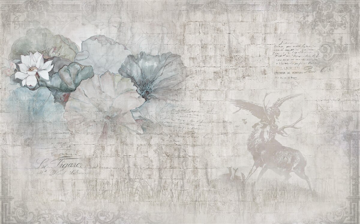 Fototapet acuarelă reprezentând o căprioară și flori albastre