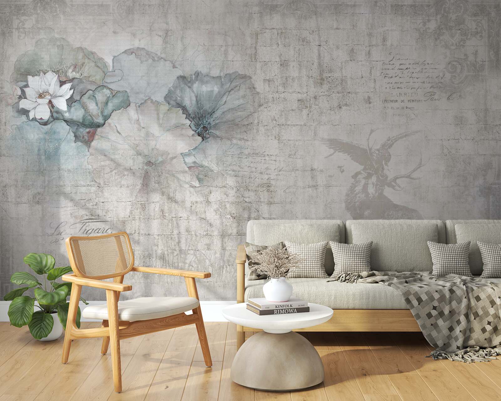 Fototapet acuarelă reprezentând o căprioară și flori albastre