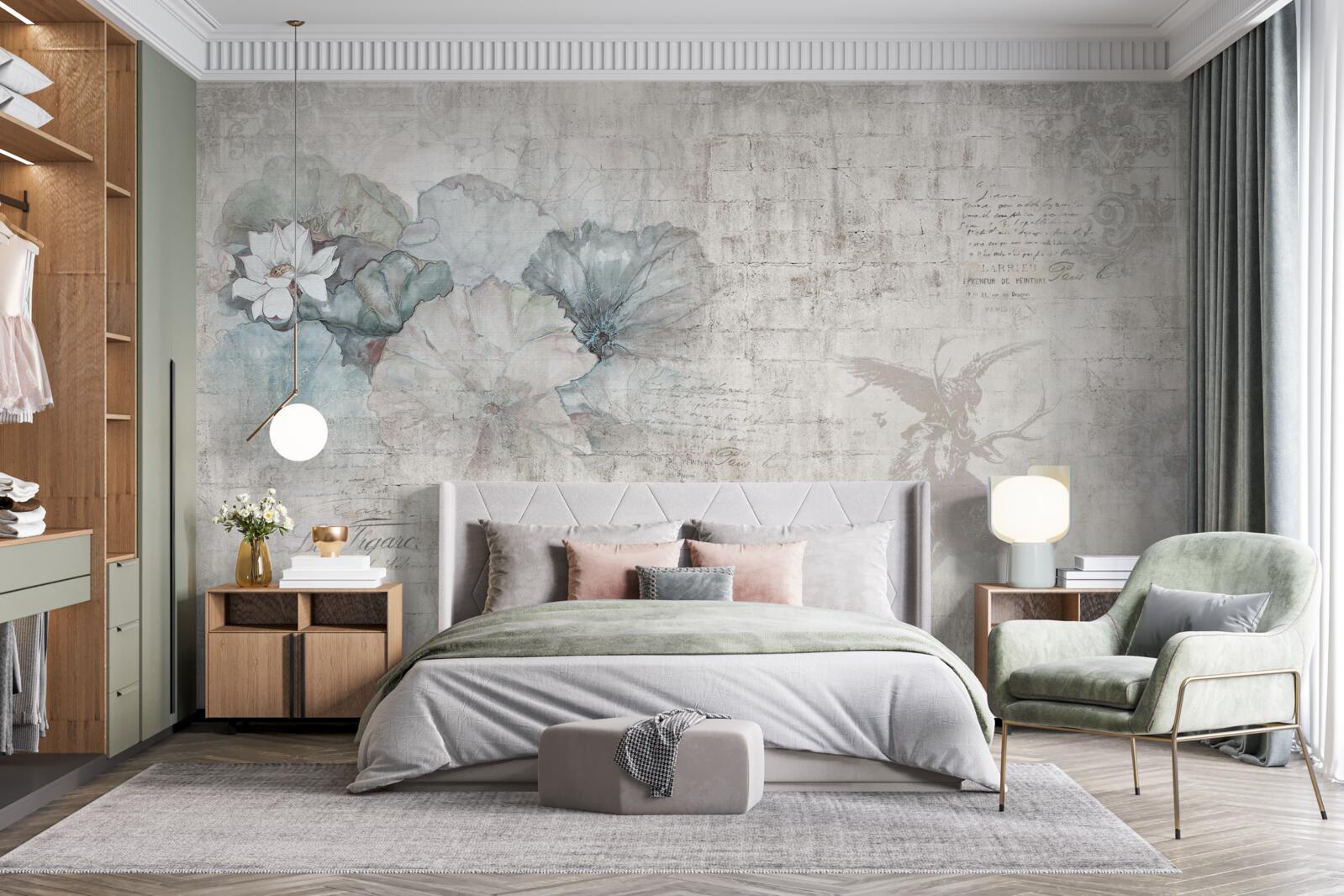 Fototapet acuarelă reprezentând o căprioară și flori albastre