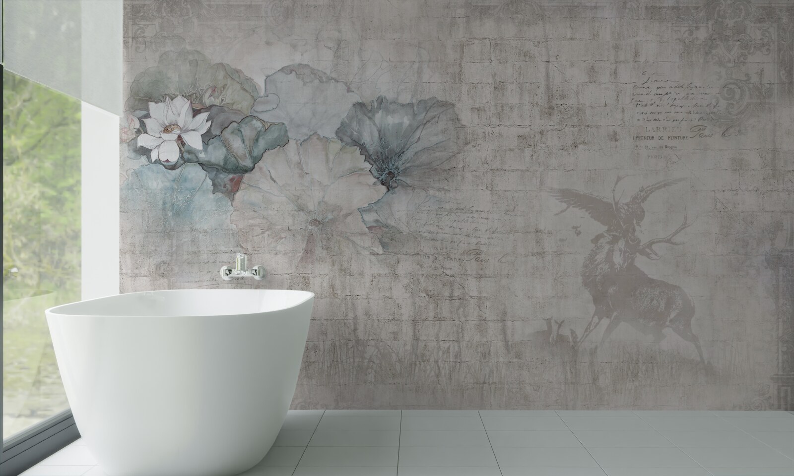 Fototapet acuarelă reprezentând o căprioară și flori albastre