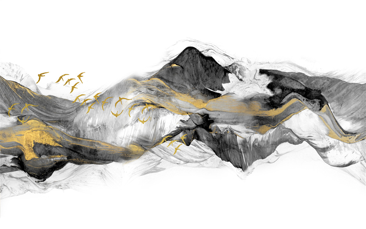 Fototapet imagine abstractă de păsări și munți pe un fundal alb