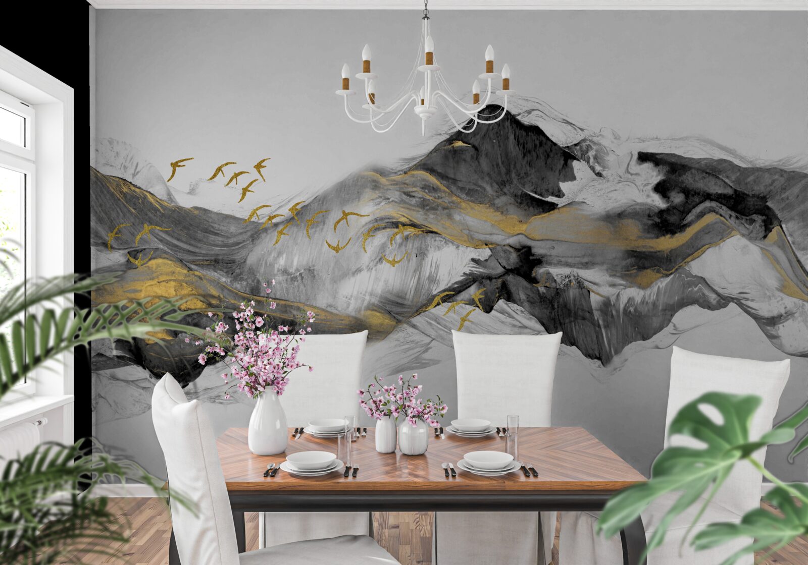 Fototapet imagine abstractă de păsări și munți pe un fundal alb