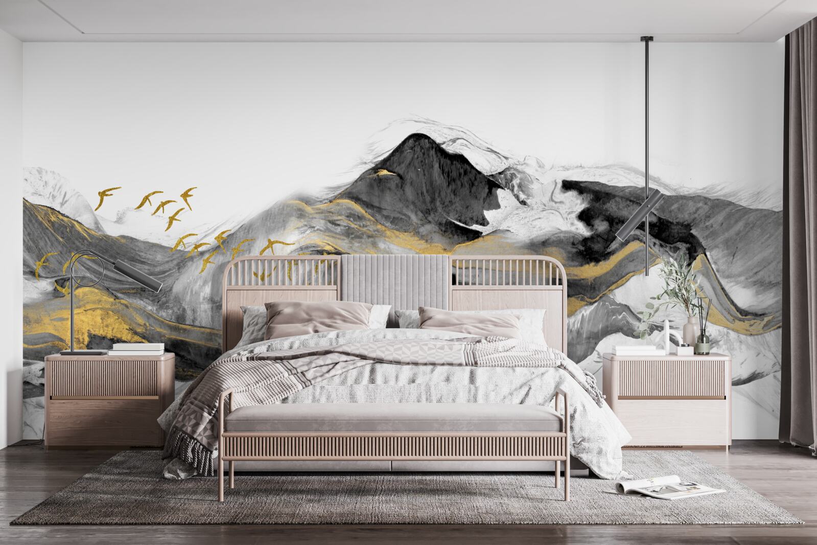 Fototapet imagine abstractă de păsări și munți pe un fundal alb