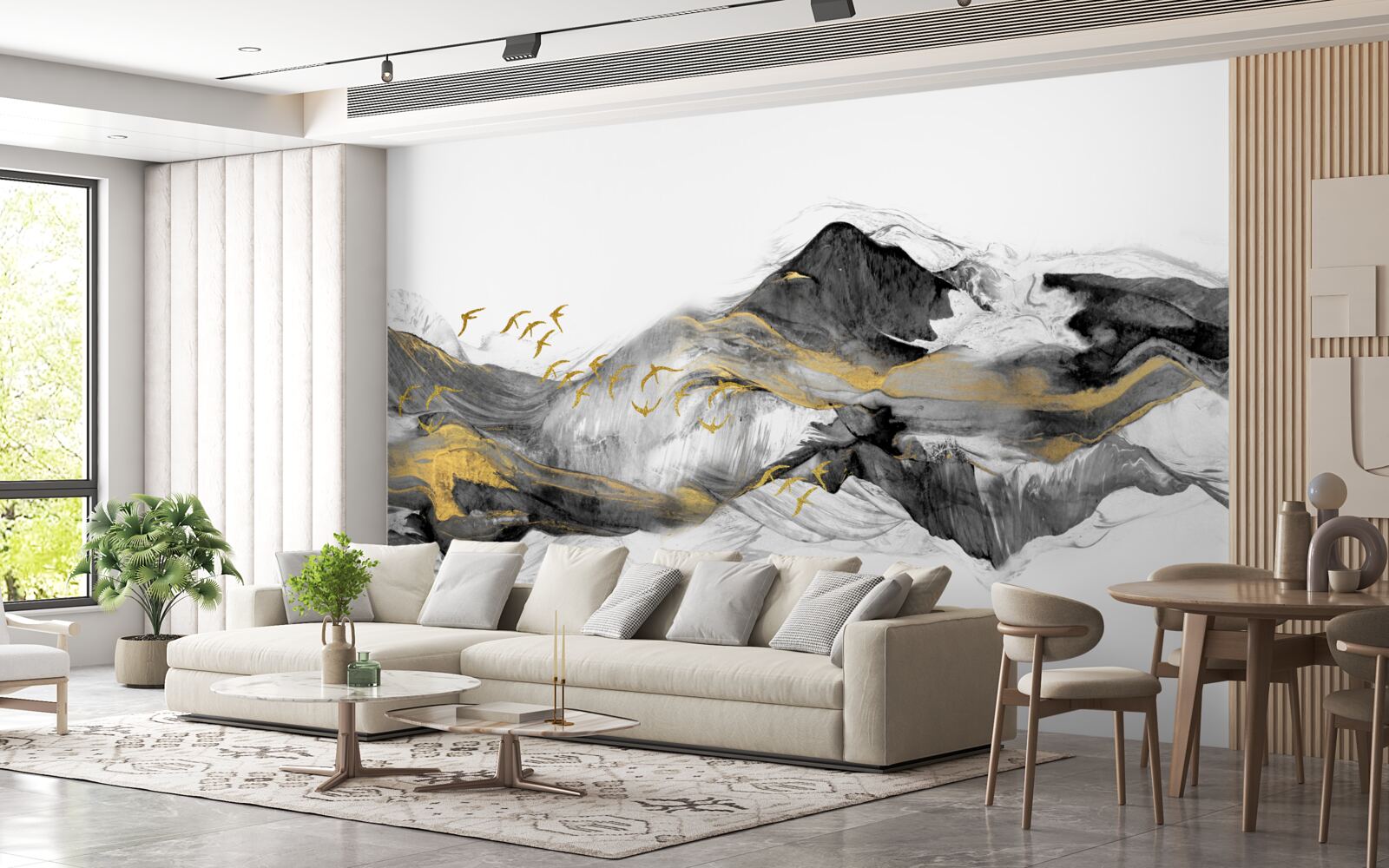 Fototapet imagine abstractă de păsări și munți pe un fundal alb