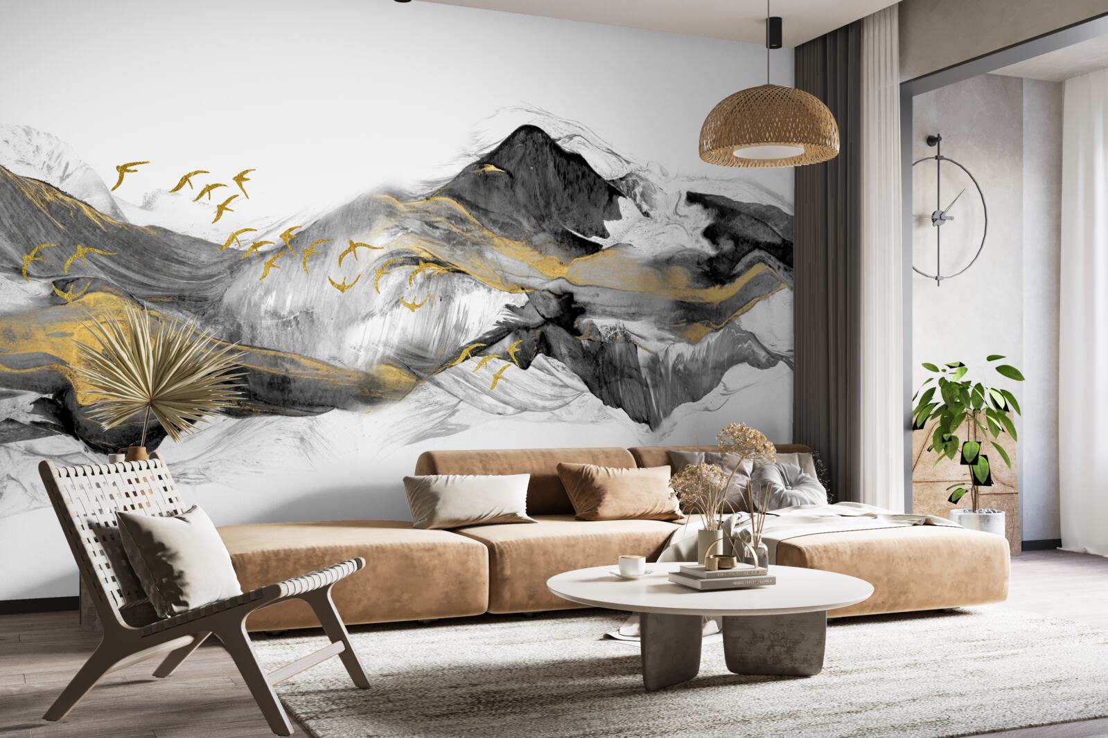 Fototapet imagine abstractă de păsări și munți pe un fundal alb