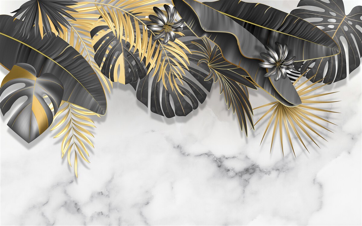 Fototapet jungla tropicală răspândește nuanțe de frunze negre și aurii