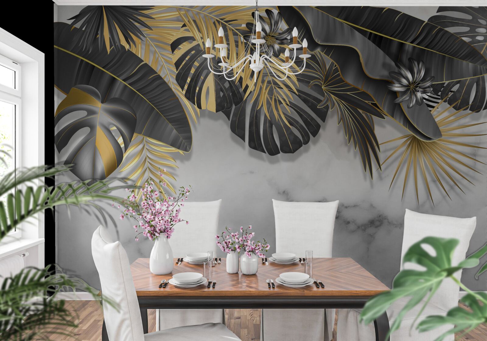 Fototapet jungla tropicală răspândește nuanțe de frunze negre și aurii