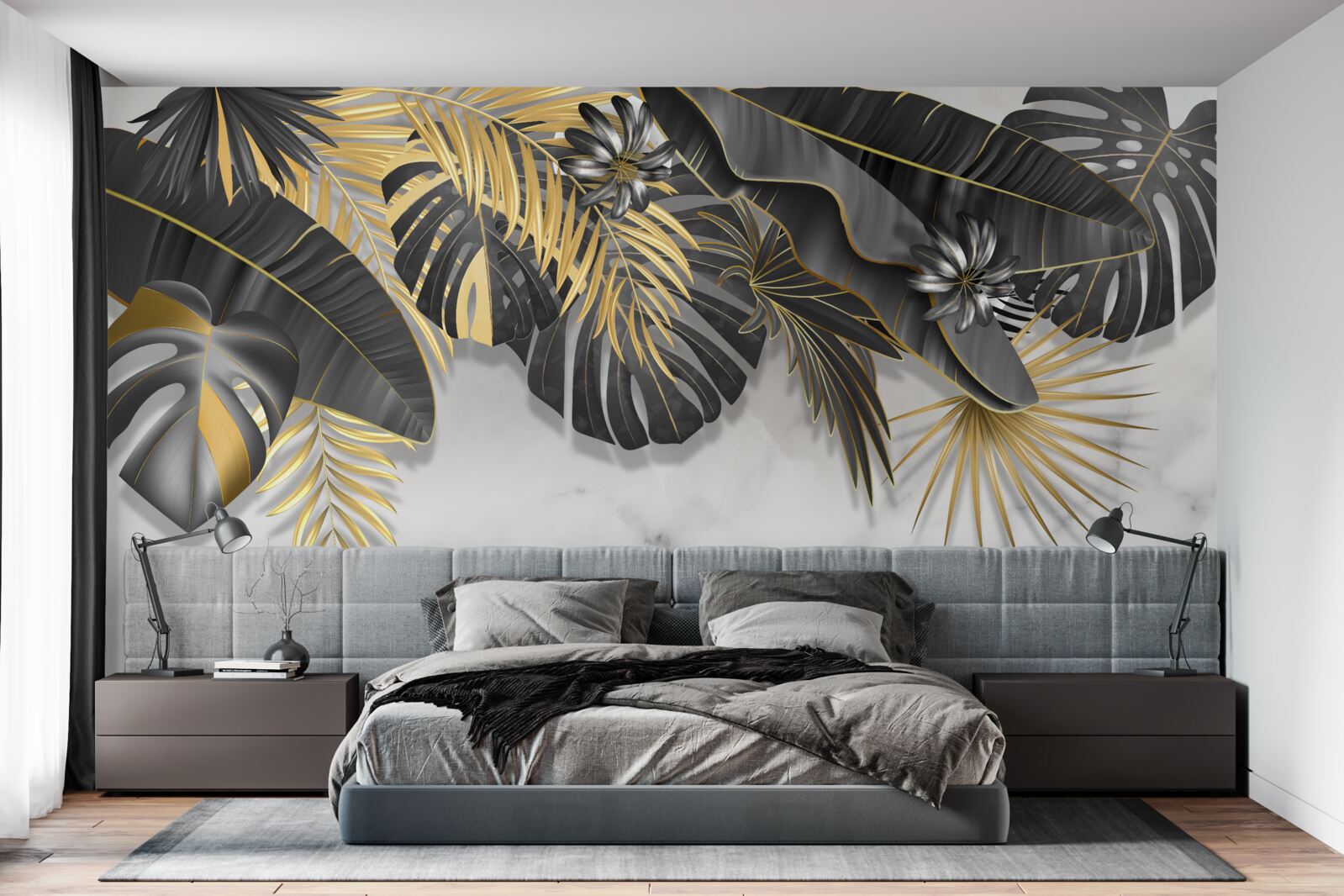 Fototapet jungla tropicală răspândește nuanțe de frunze negre și aurii