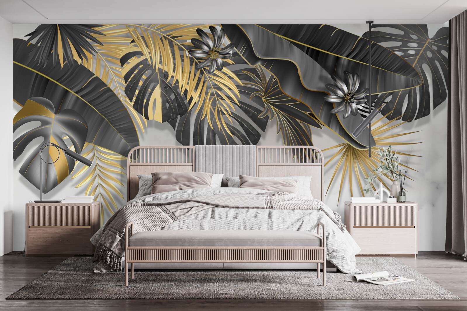 Fototapet jungla tropicală răspândește nuanțe de frunze negre și aurii