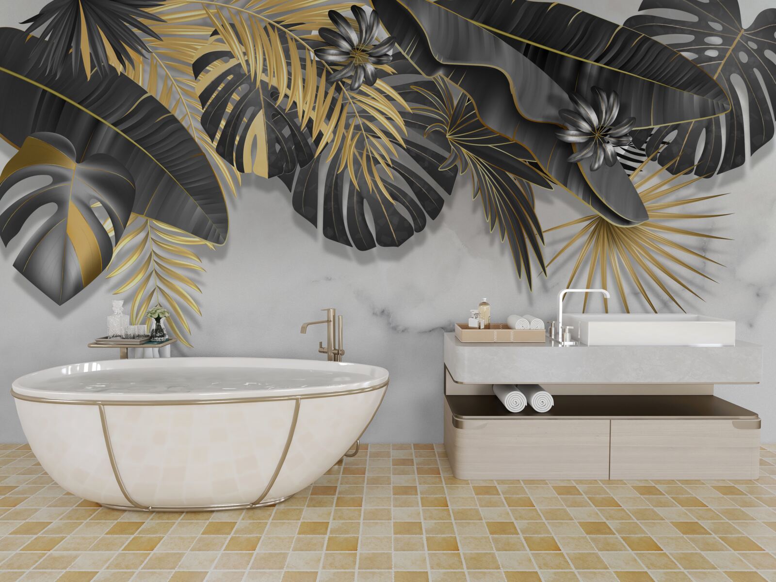 Fototapet jungla tropicală răspândește nuanțe de frunze negre și aurii