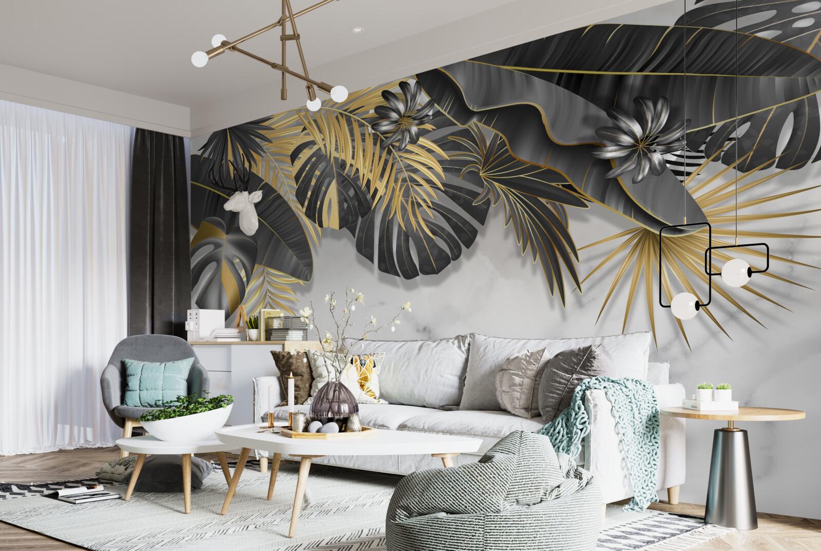 Fototapet jungla tropicală răspândește nuanțe de frunze negre și aurii