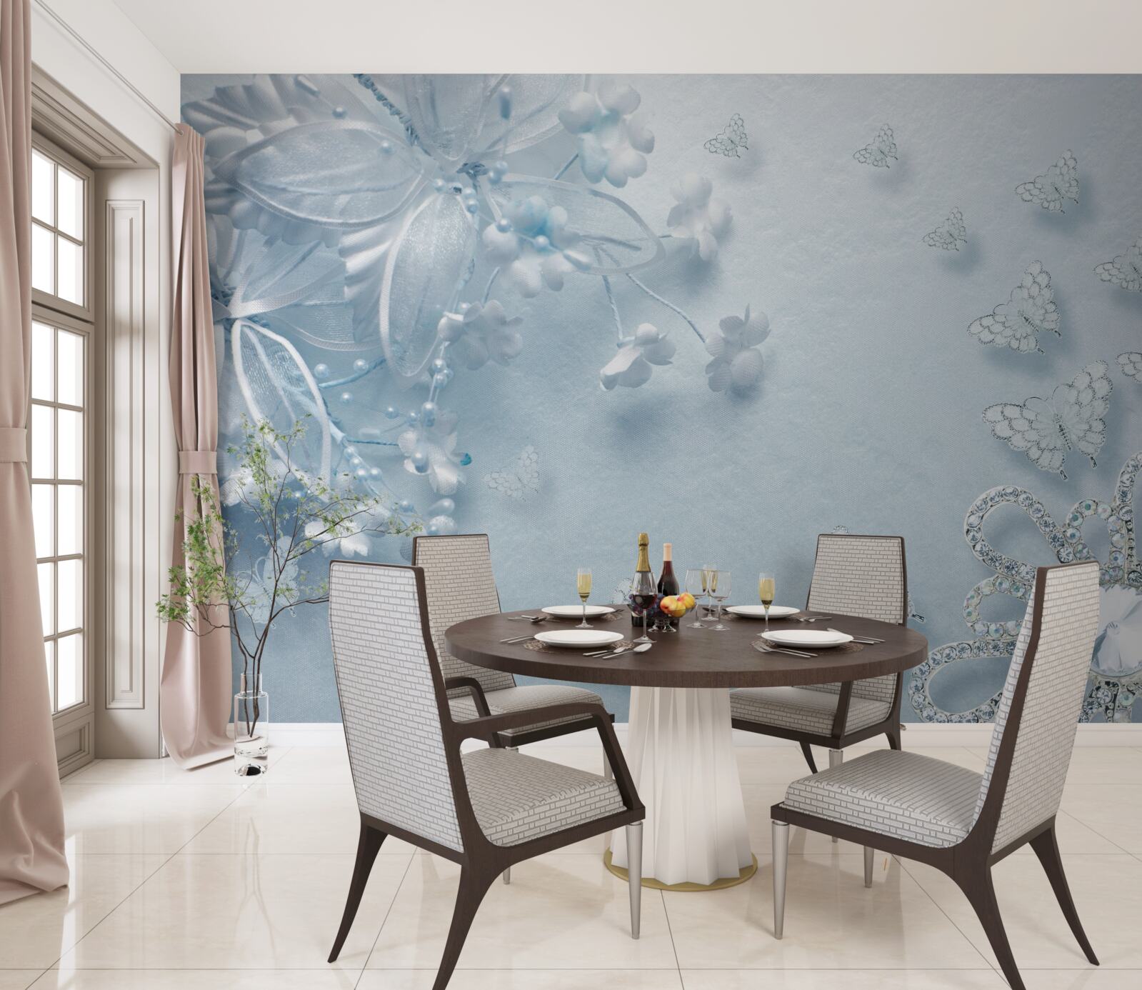 Fototapet muguri înfloriți sub fluturi aeropurtați