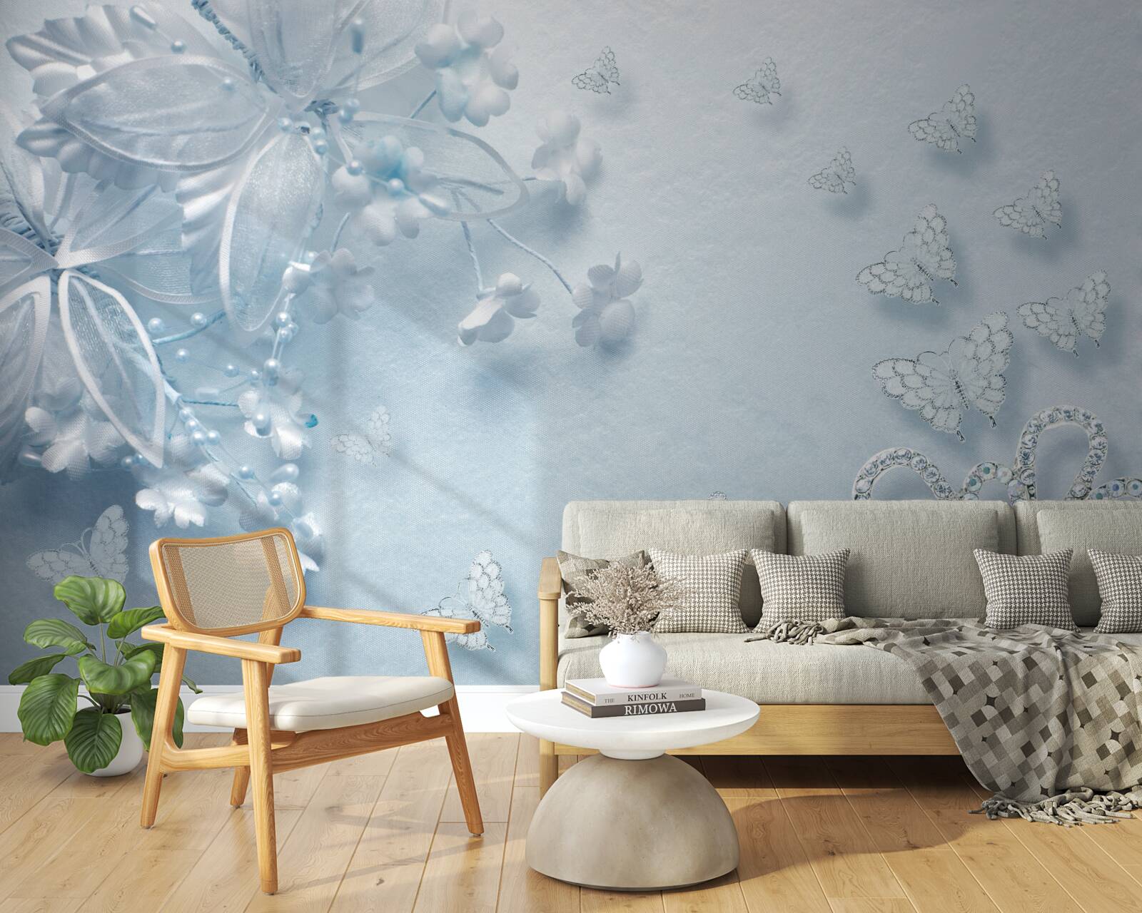 Fototapet muguri înfloriți sub fluturi aeropurtați