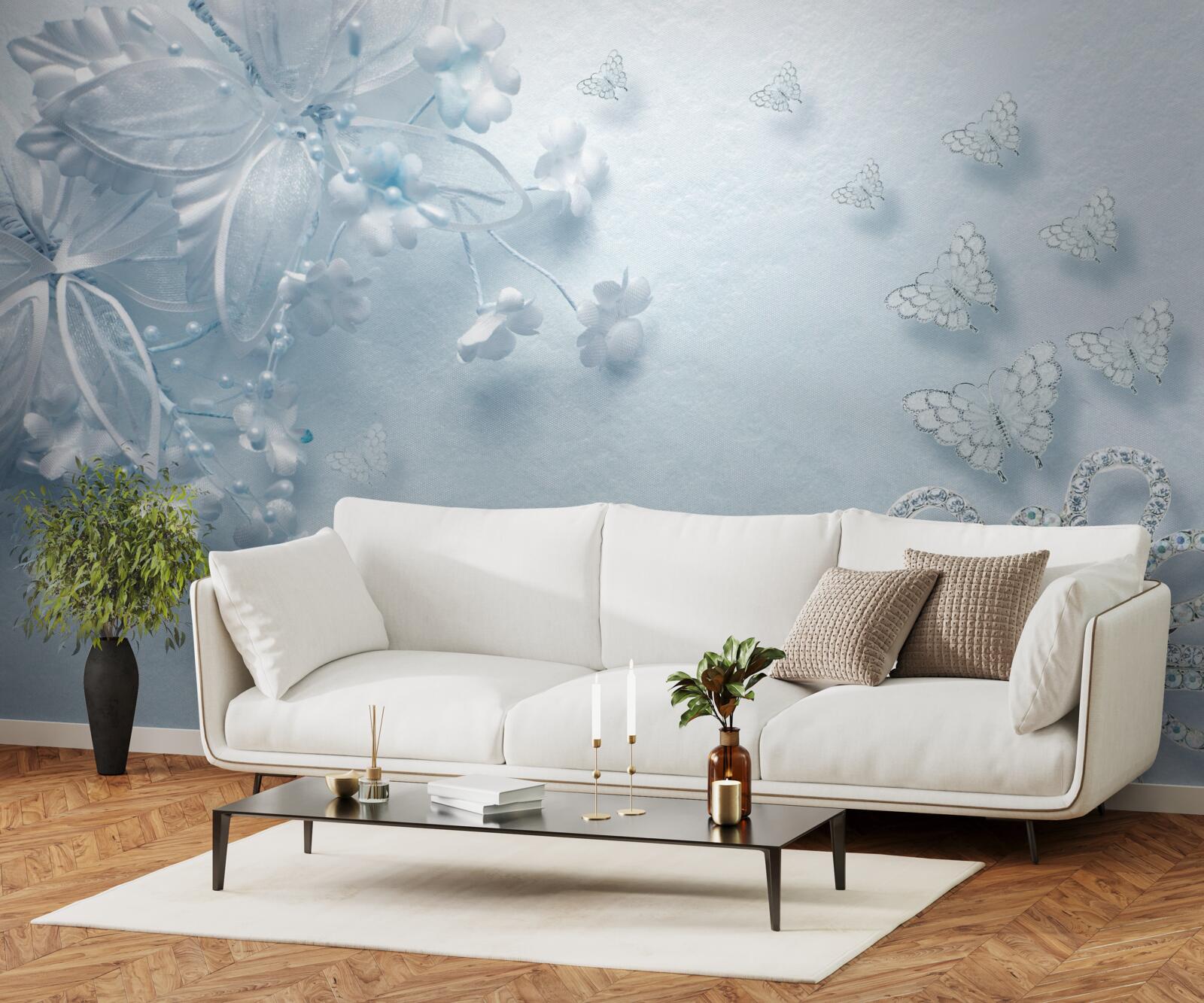 Fototapet muguri înfloriți sub fluturi aeropurtați