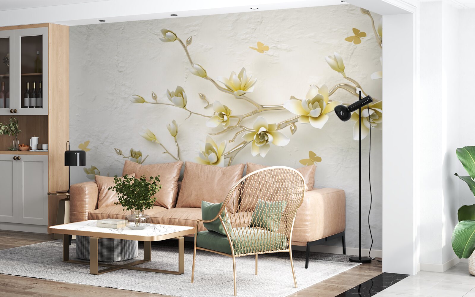 Fototapet o ramură solitară acoperită cu flori și fluturi