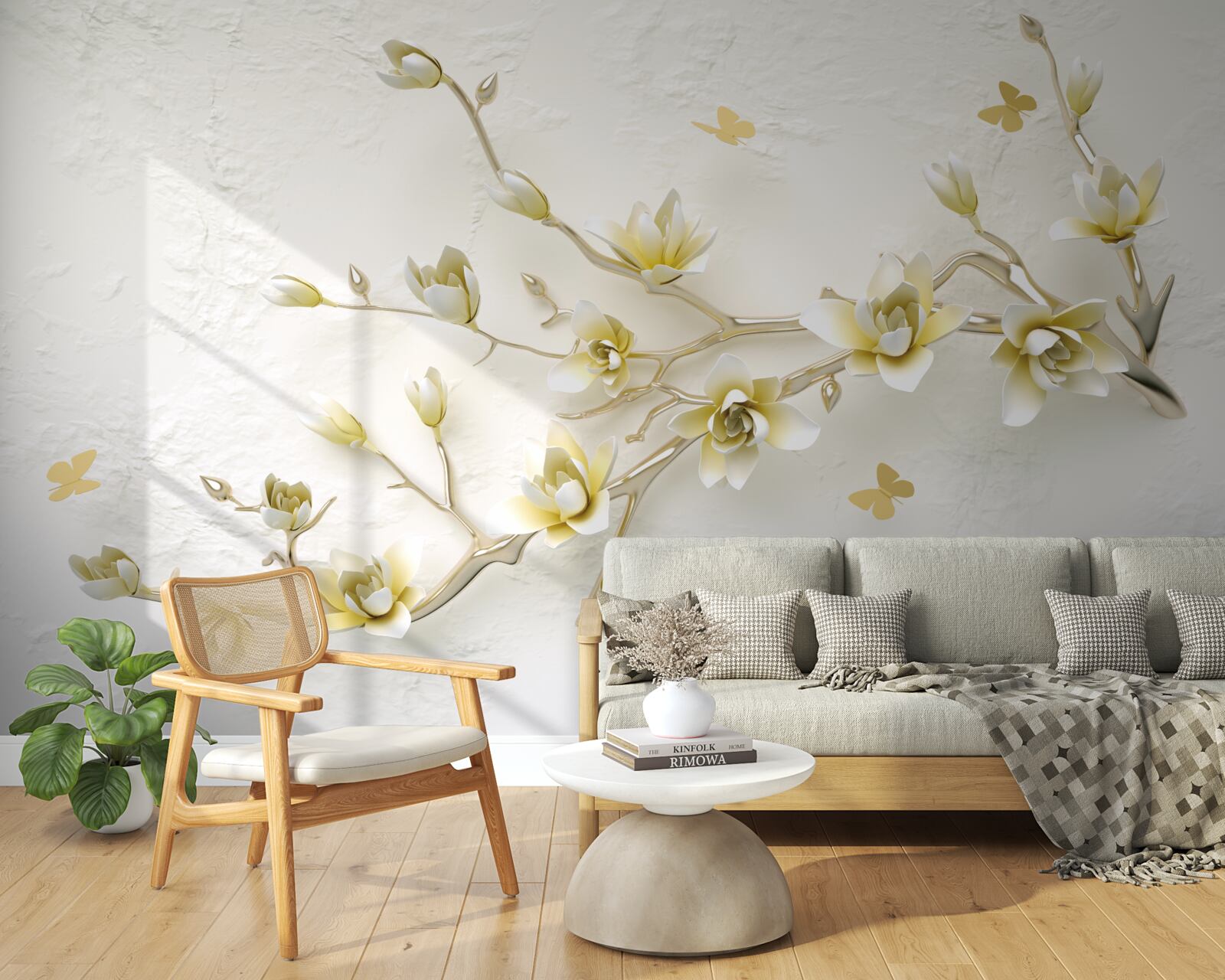 Fototapet o ramură solitară acoperită cu flori și fluturi