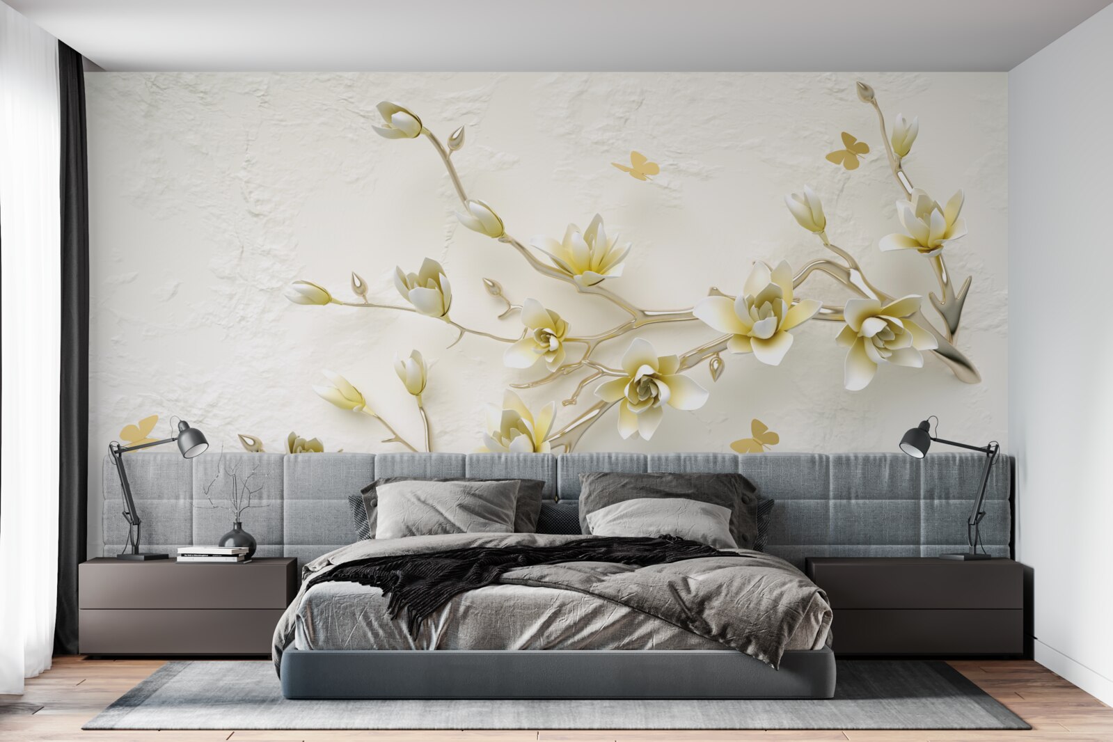 Fototapet o ramură solitară acoperită cu flori și fluturi