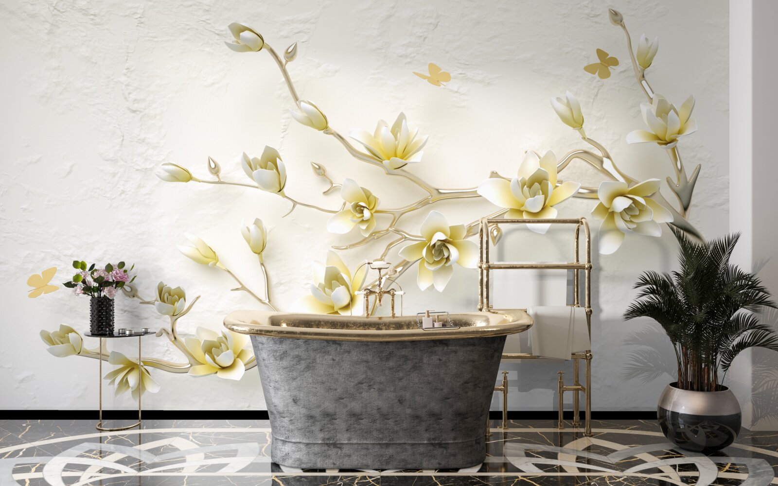 Fototapet o ramură solitară acoperită cu flori și fluturi